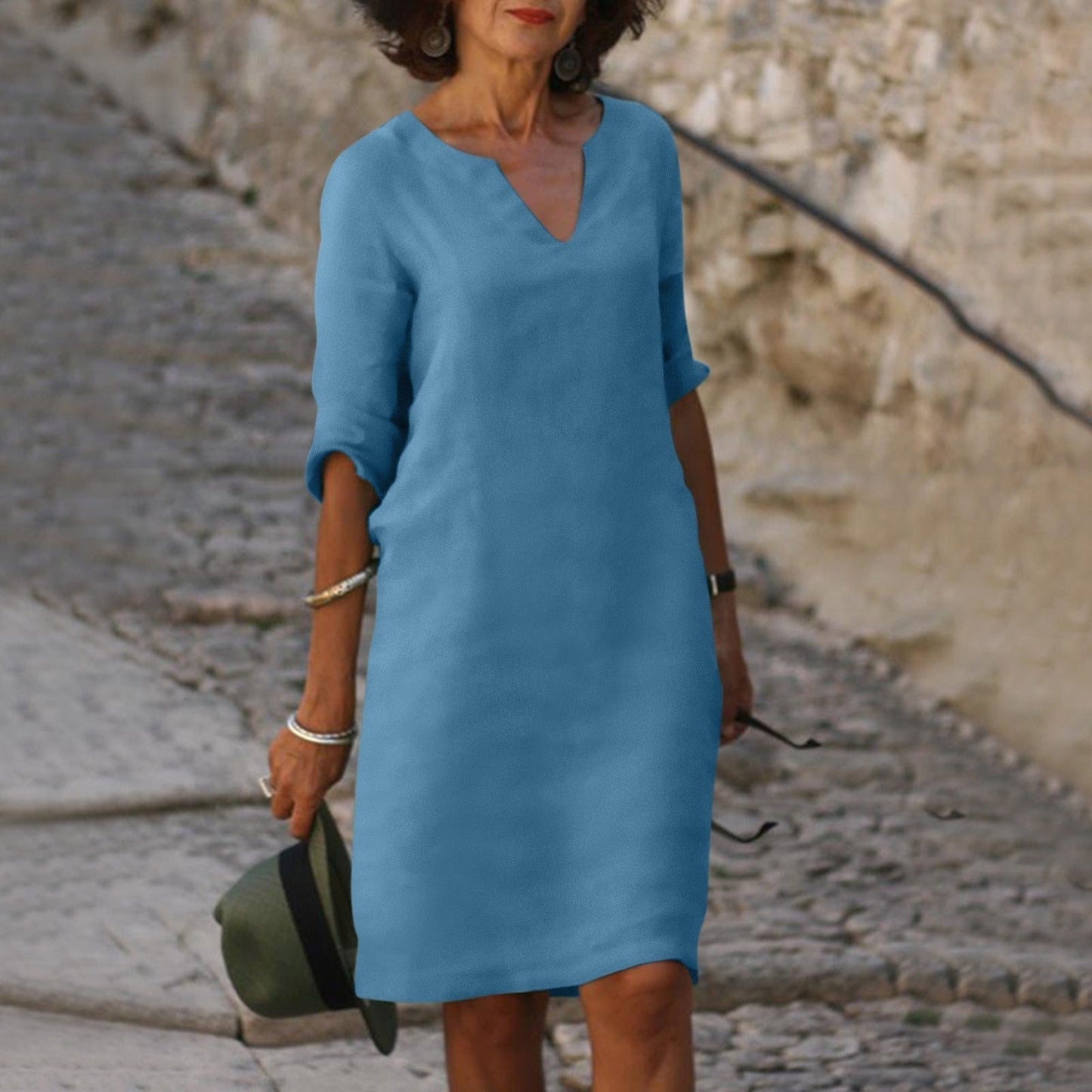 Robe midi droite à manches 3/4 pour femme