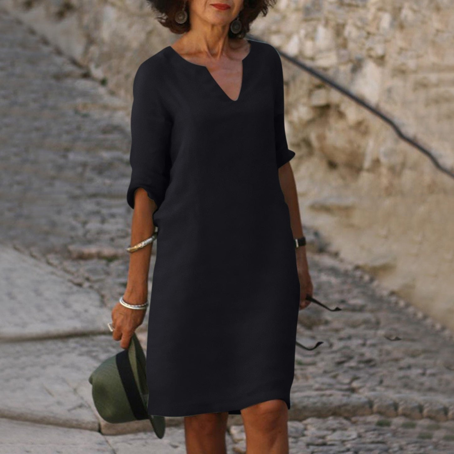 Robe midi droite à manches 3/4 pour femme