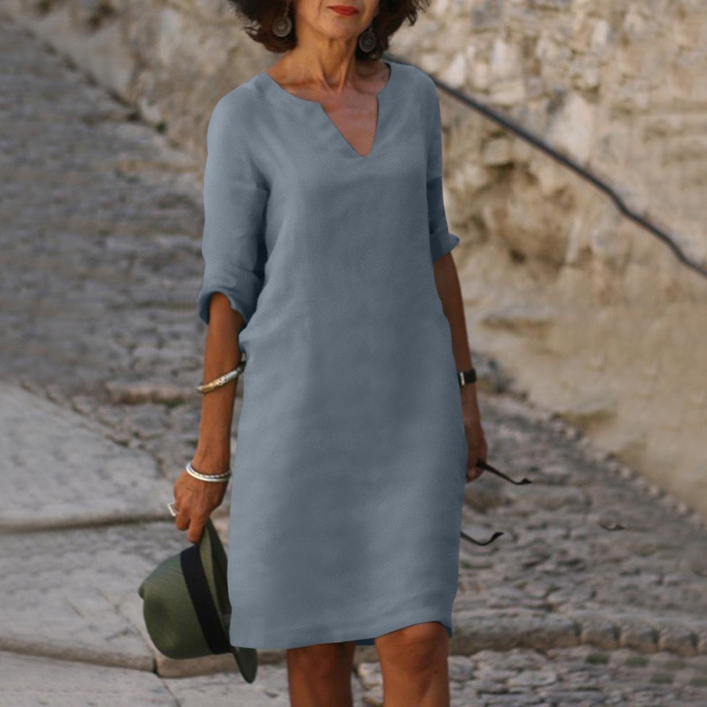 Robe midi droite à manches 3/4 pour femme
