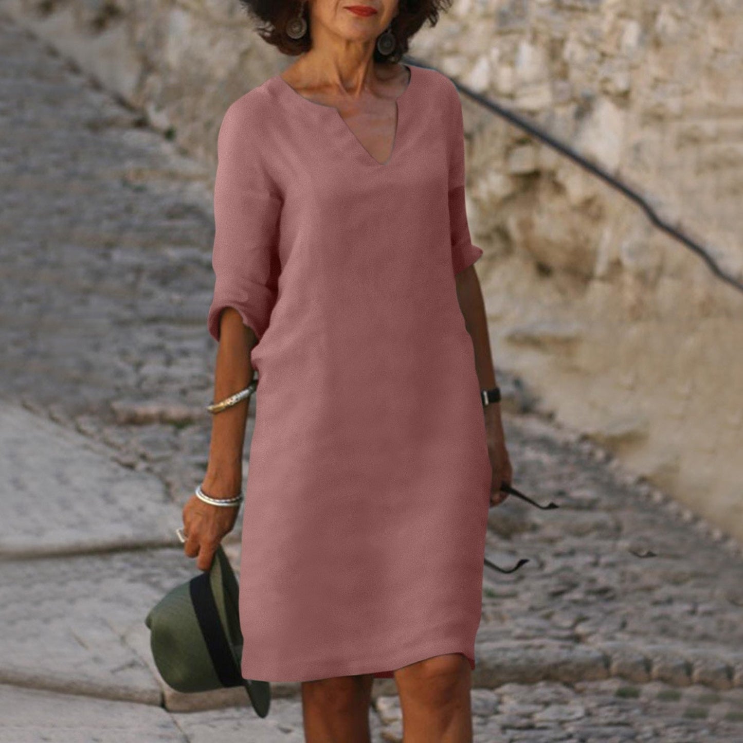 Robe midi droite à manches 3/4 pour femme
