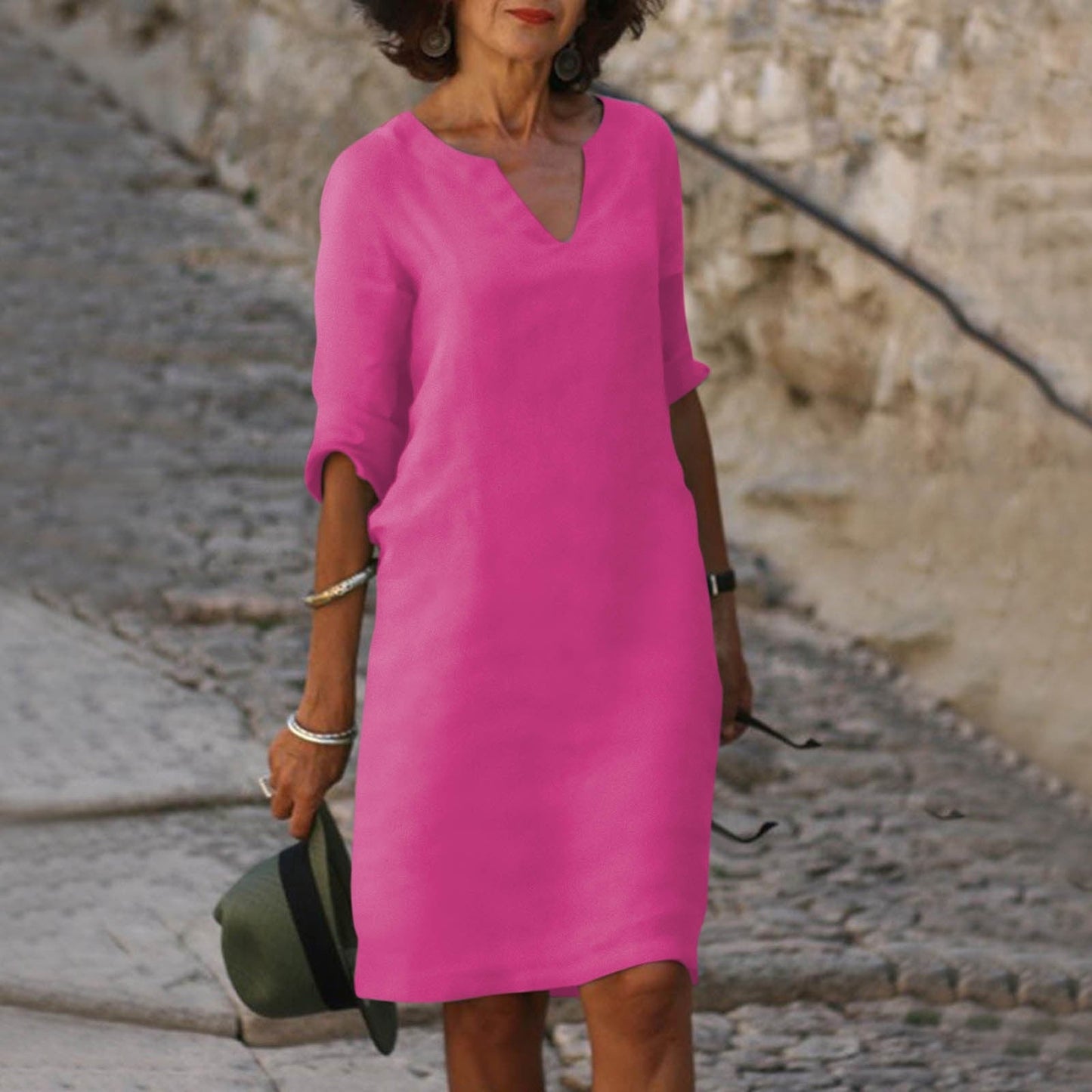 Robe midi droite à manches 3/4 pour femme