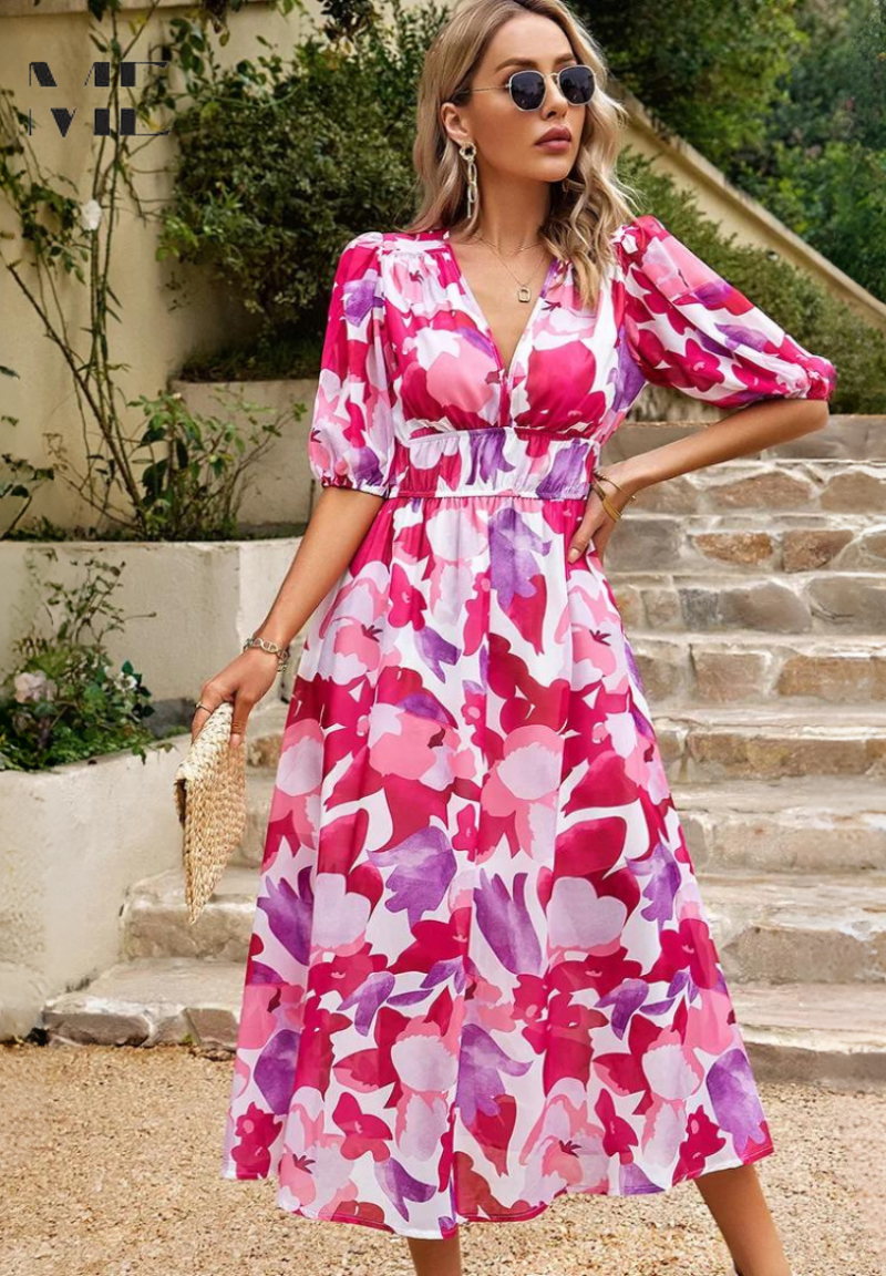 Robe midi élégante à fleurs à manches bouffantes