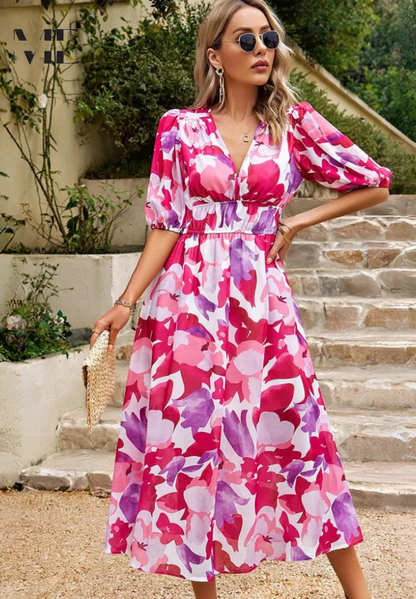Robe midi élégante à fleurs à manches bouffantes