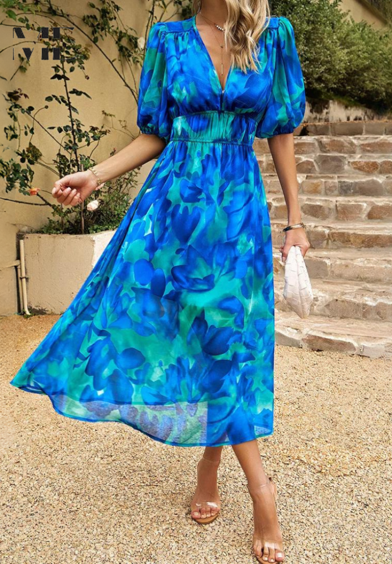 Robe midi élégante à fleurs à manches bouffantes