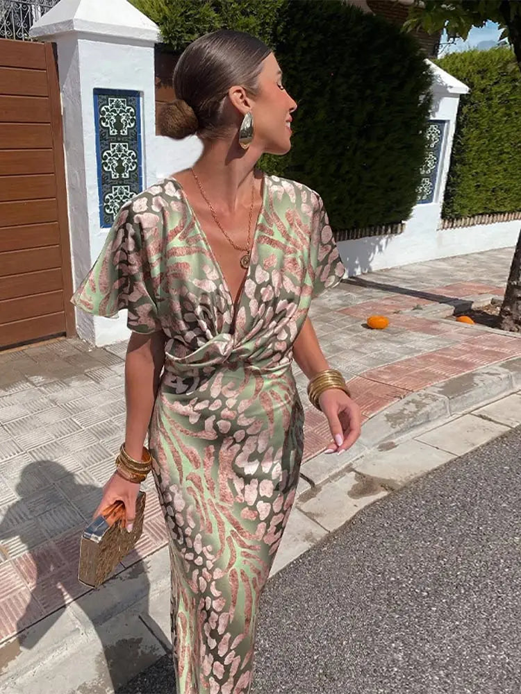 Robe midi élégante pour femme à col en V avec nœud