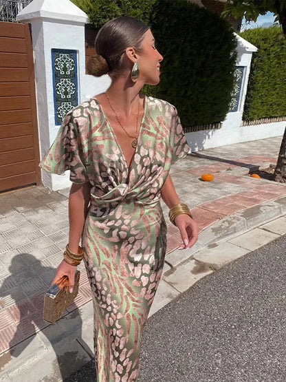 Robe midi élégante pour femme à col en V avec nœud