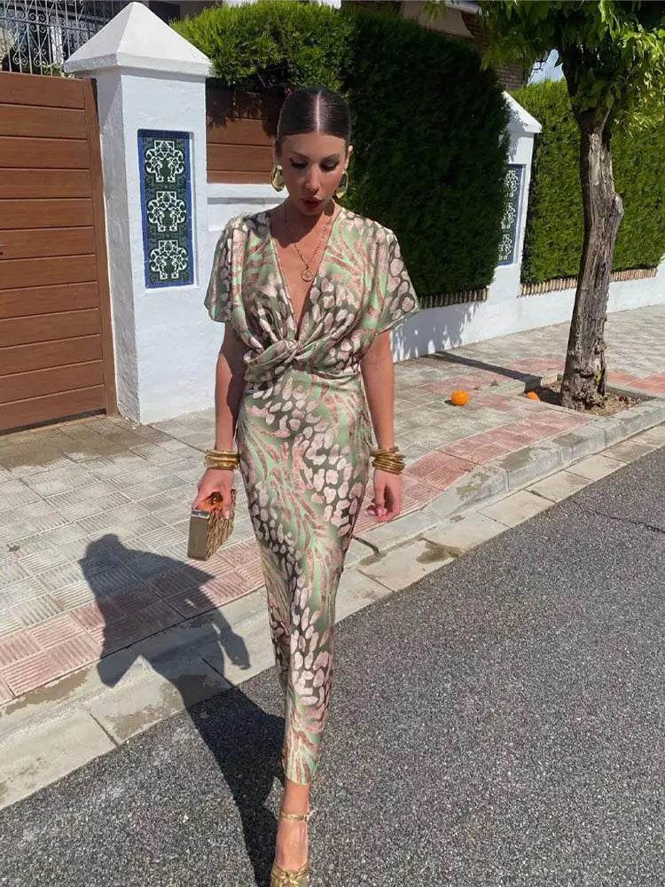 Robe midi élégante pour femme à col en V avec nœud