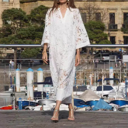 Robe midi en dentelle à col en V pour femme