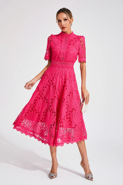 Robe midi en dentelle pour femme - coupe trapèze - cintrée et évasée