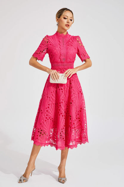 Robe midi en dentelle pour femme - coupe trapèze - cintrée et évasée
