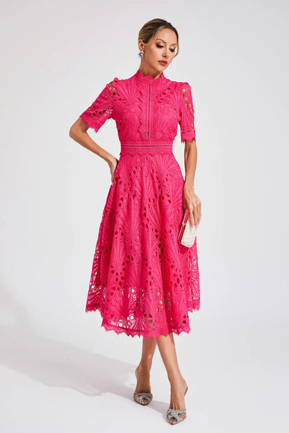 Robe midi en dentelle pour femme - coupe trapèze - cintrée et évasée