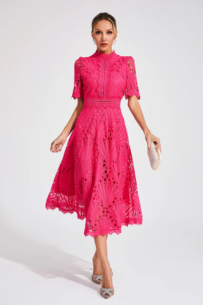Robe midi en dentelle pour femme - coupe trapèze - cintrée et évasée