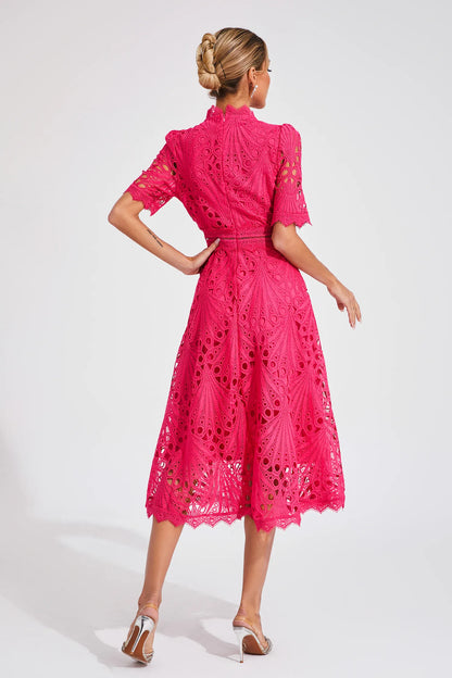 Robe midi en dentelle pour femme - coupe trapèze - cintrée et évasée