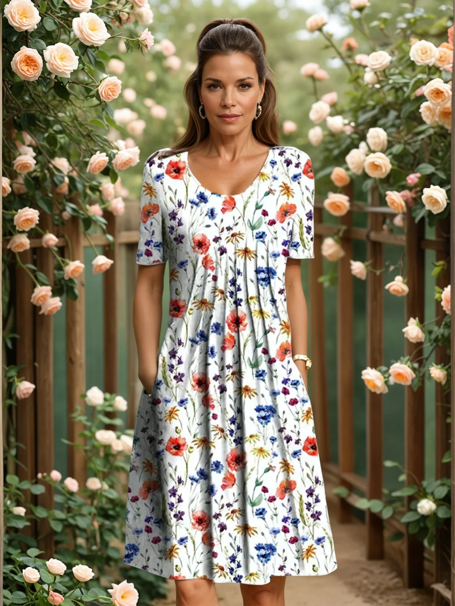 Robe midi évasée à fleurs à encolure en V pour femme
