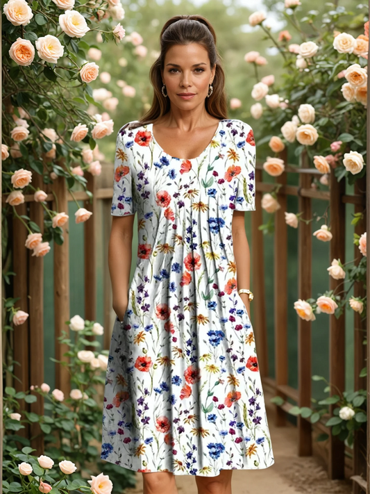 Robe midi évasée à fleurs à encolure en V pour femme