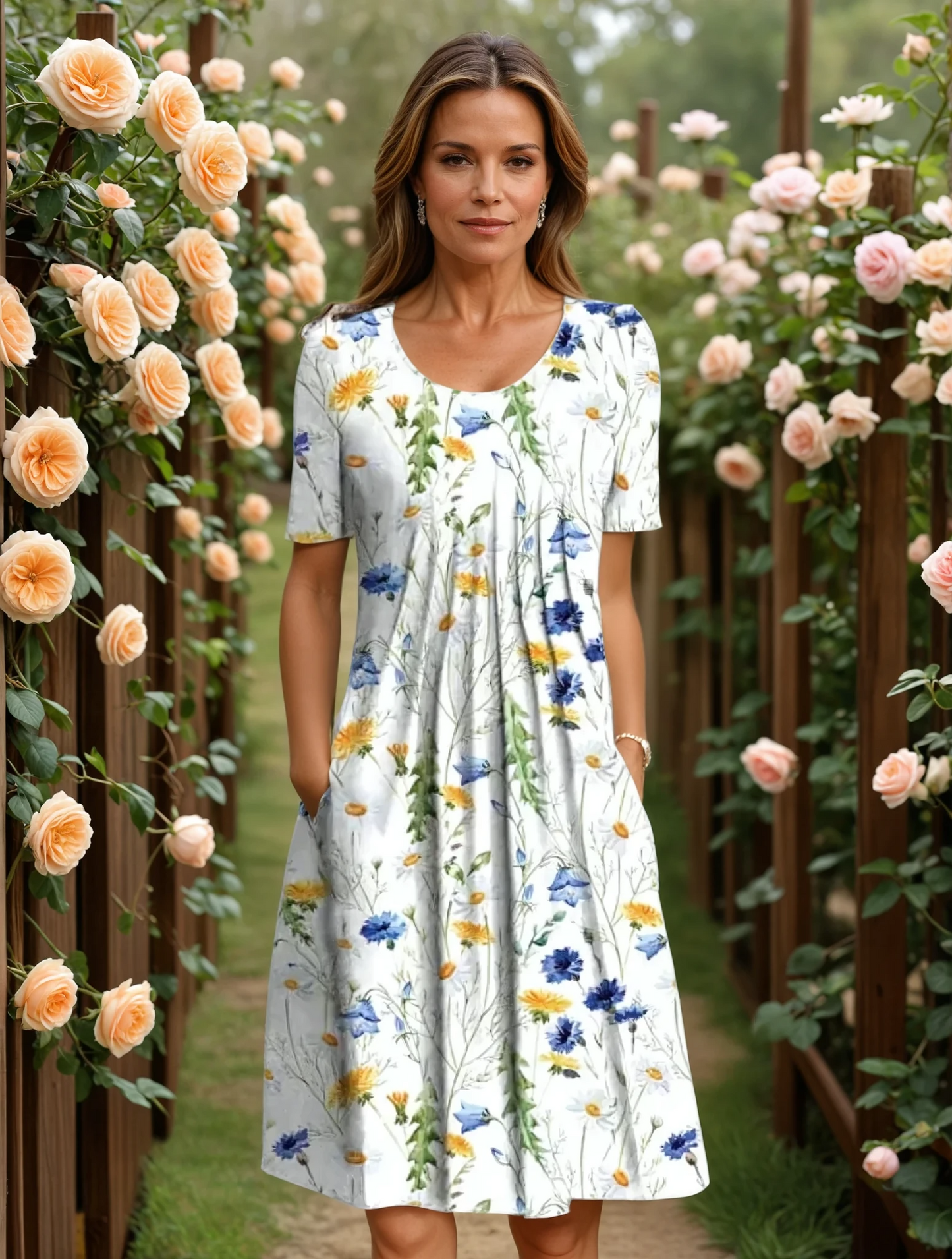 Robe midi évasée à fleurs à encolure en V pour femme