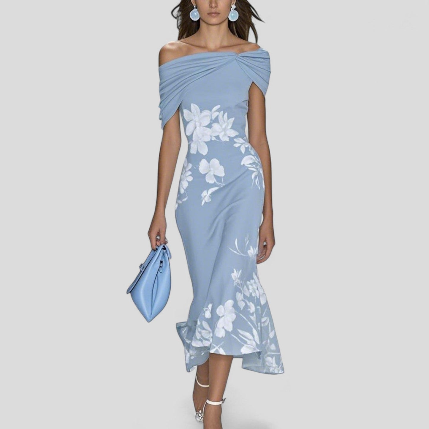 Robe midi fleurie à épaules dénudées pour femme
