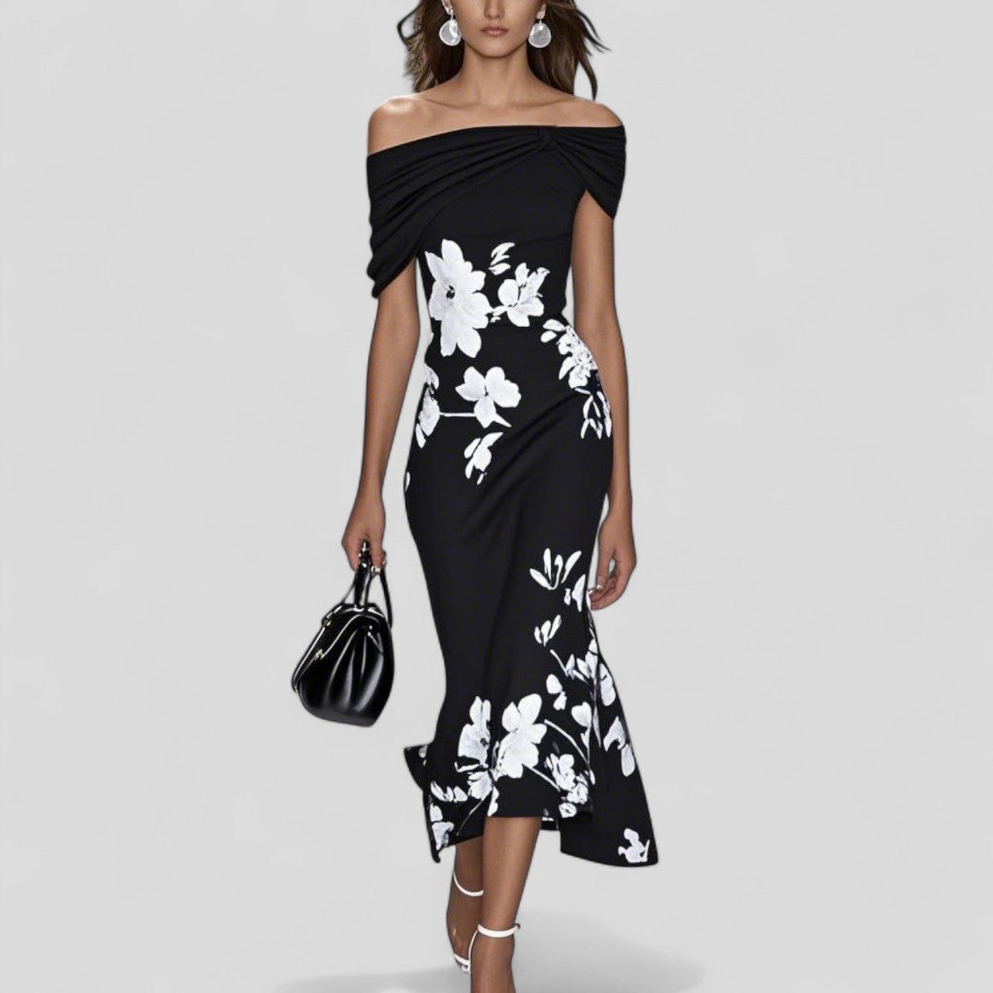 Robe midi fleurie à épaules dénudées pour femme