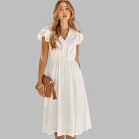 Robe midi fluide à col en V et à volants