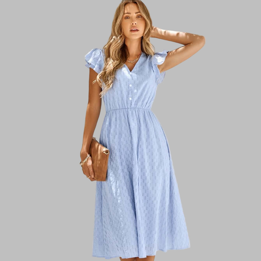 Robe midi fluide à col en V et à volants