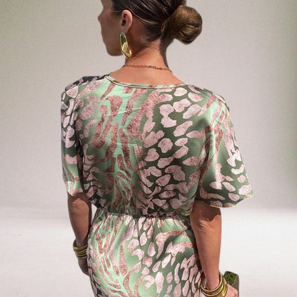 Robe midi imprimée à col en V pour femme