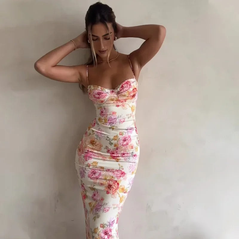 Robe midi moulante à fleurs pour femme