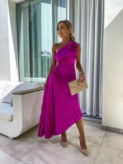 Robe midi plissée à une épaule pour femme