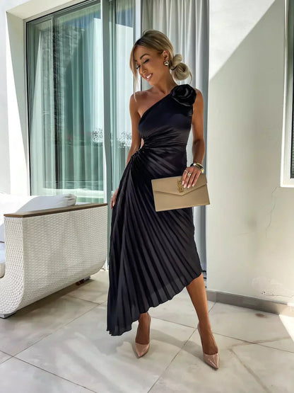 Robe midi plissée à une épaule pour femme
