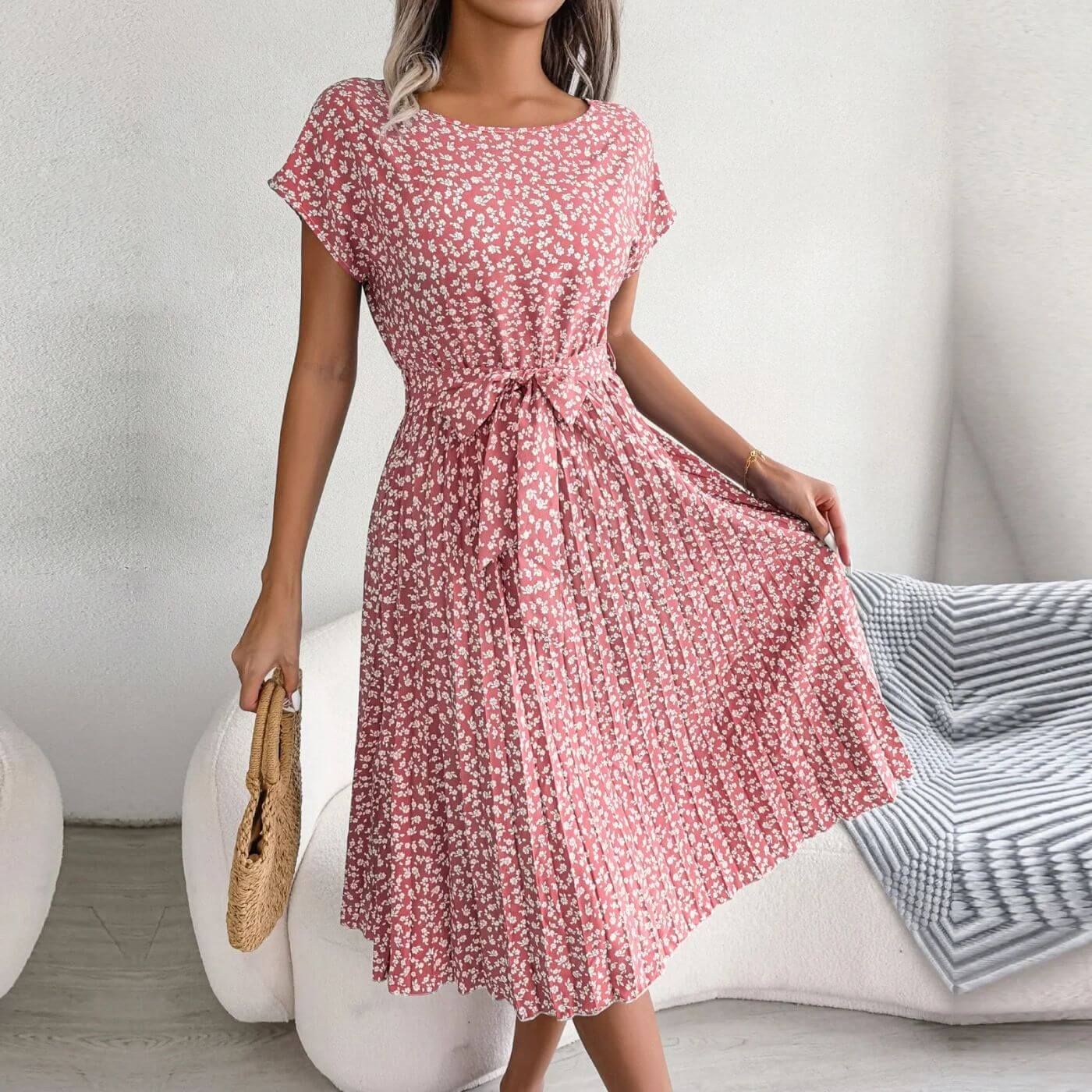 Robe midi plissée coupe trapèze pour femme