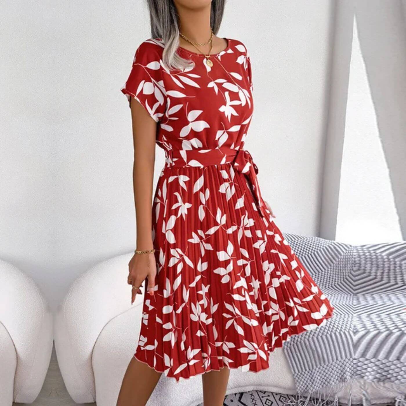 Robe midi plissée coupe trapèze pour femme