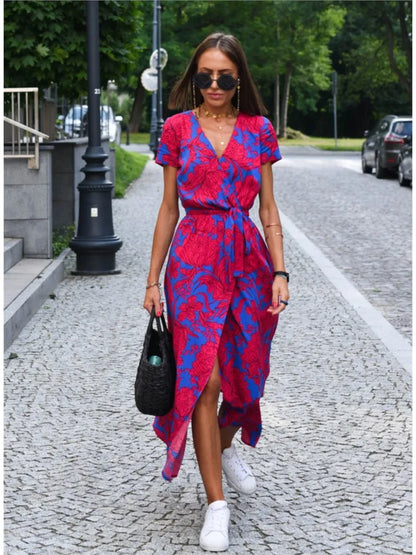 Robe midi portefeuille à col en V pour femme