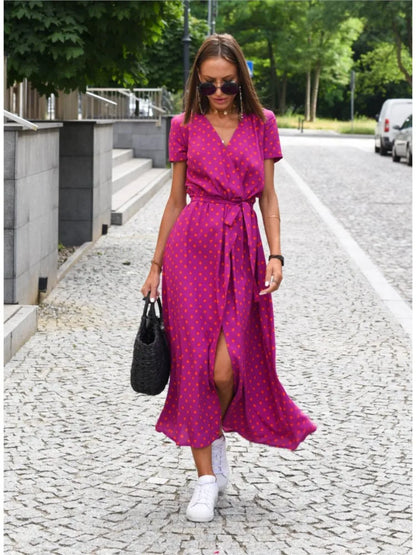 Robe midi portefeuille à col en V pour femme