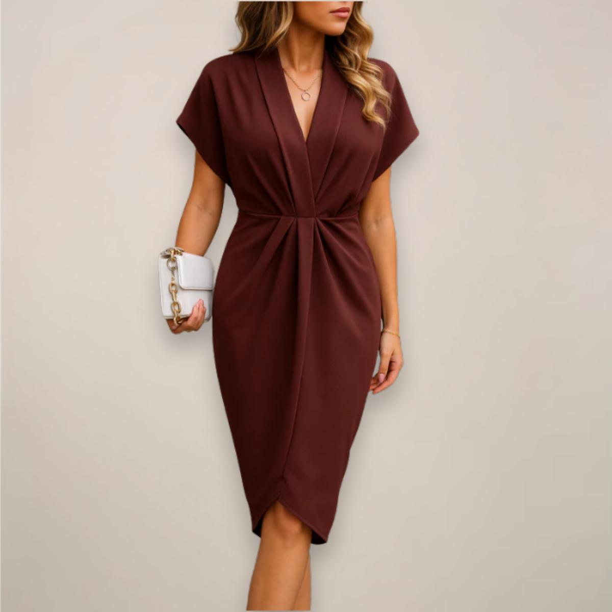 Robe midi portefeuille à col en V pour femme