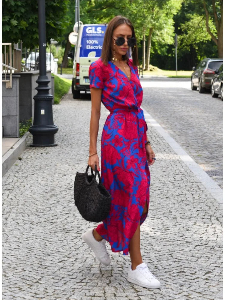 Robe midi portefeuille à col en V pour femme
