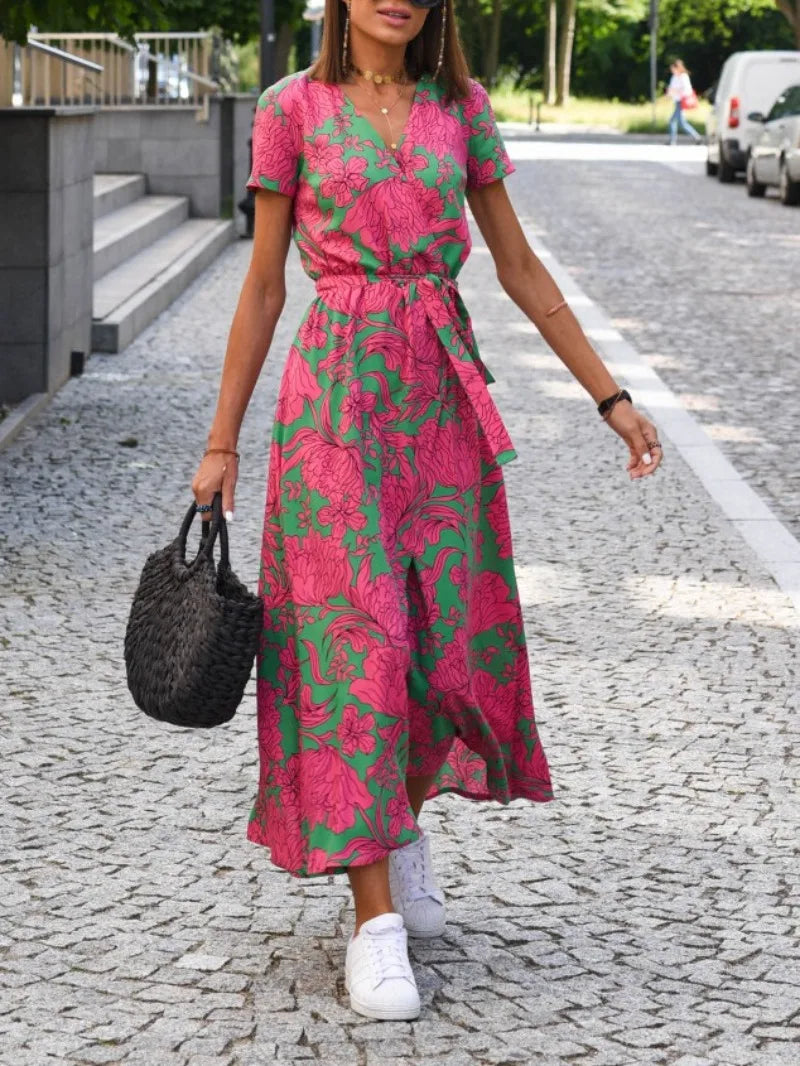 Robe midi portefeuille à fleurs pour femme