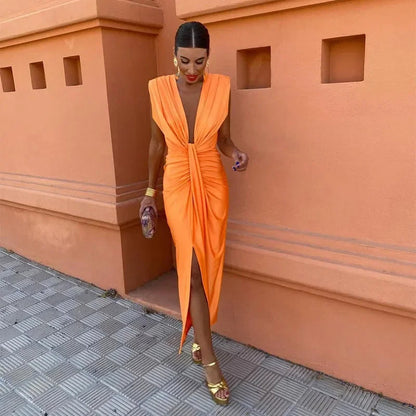 Robe midi sans manches à col en V