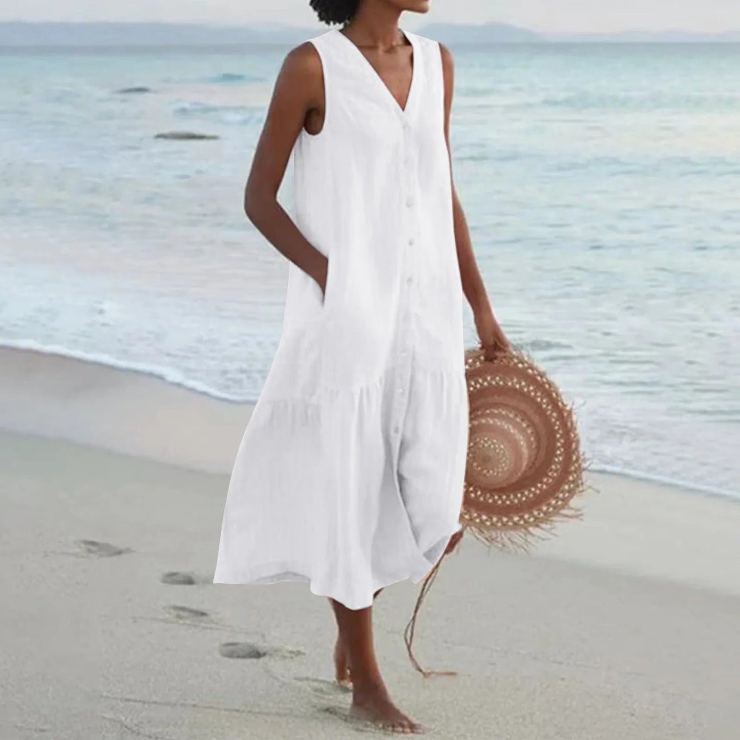 Robe midi sans manches à col en V pour femme