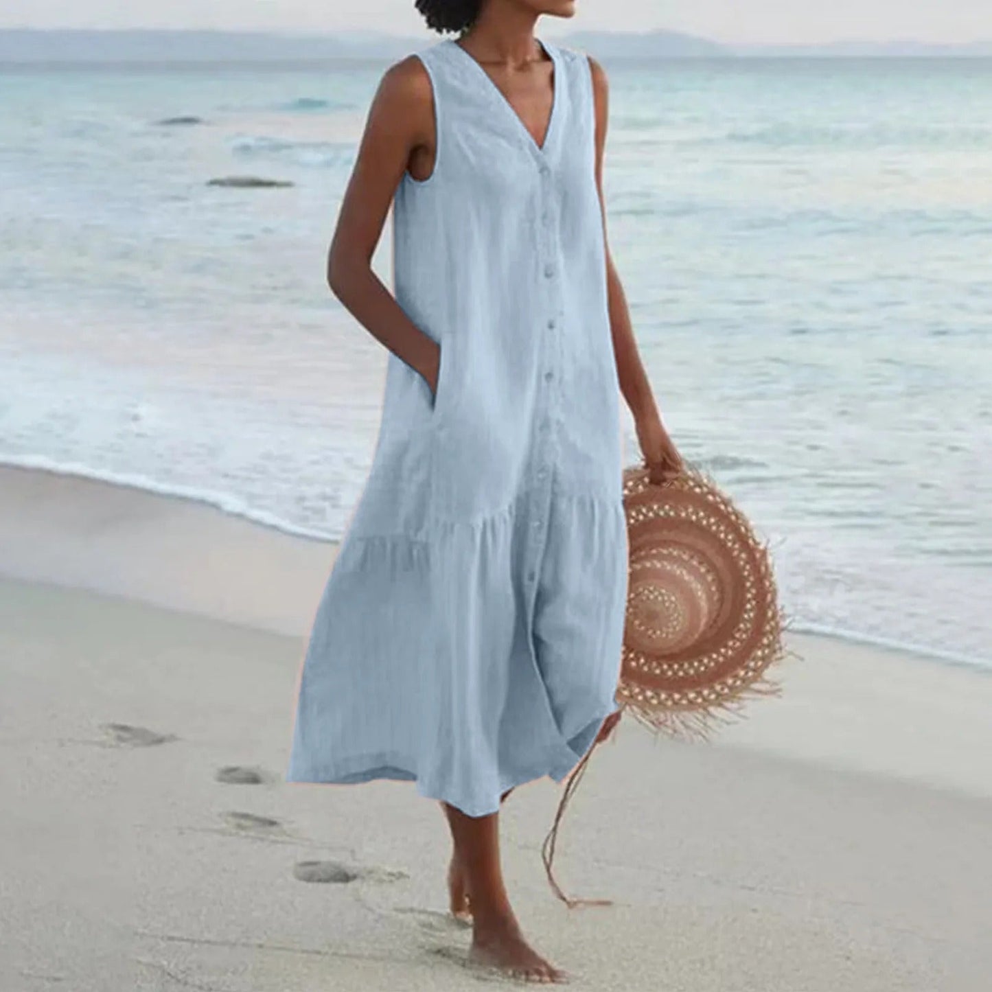 Robe midi sans manches à col en V pour femme