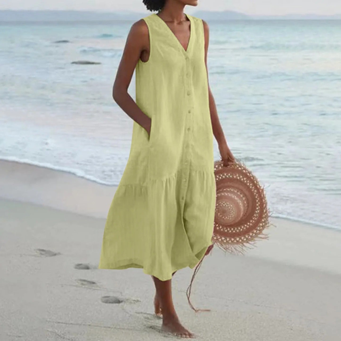 Robe midi sans manches à col en V pour femme