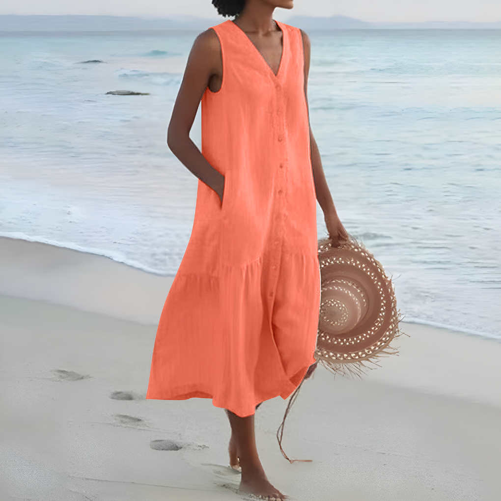 Robe midi sans manches à col en V pour femme