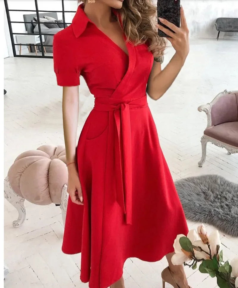 Robe midi trapèze à ceinture à nouer pour femme