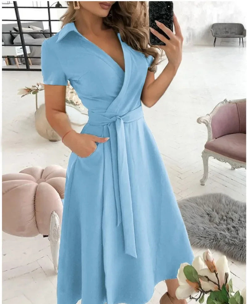 Robe midi trapèze à ceinture à nouer pour femme