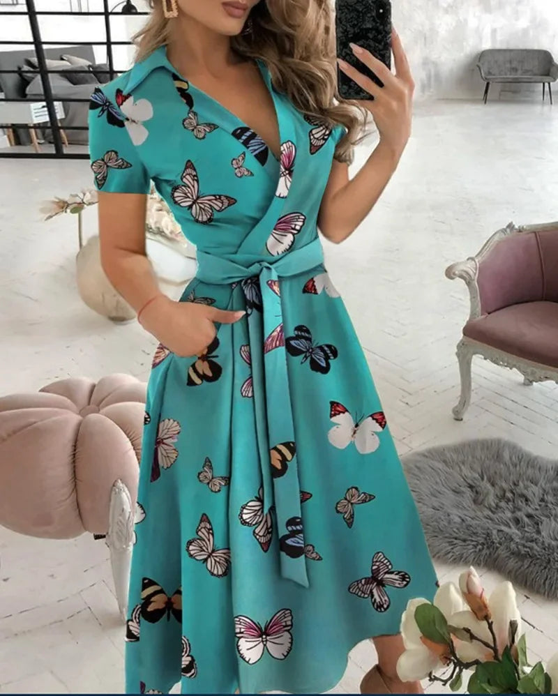 Robe midi trapèze à ceinture à nouer pour femme