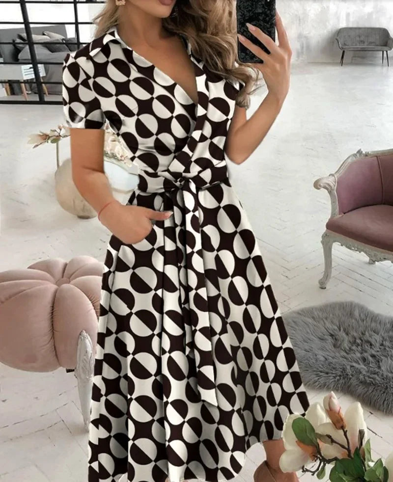 Robe midi trapèze à ceinture à nouer pour femme