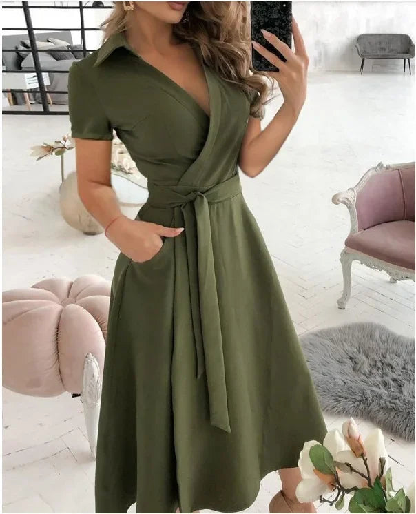 Robe midi trapèze à ceinture à nouer pour femme