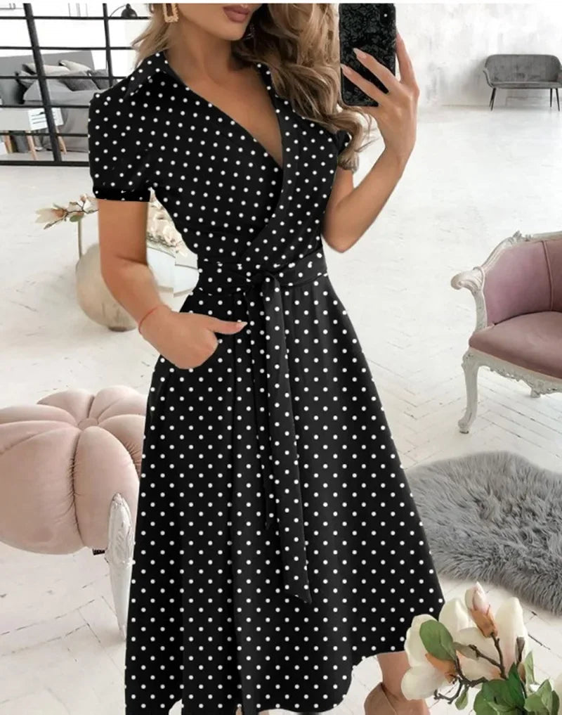 Robe midi trapèze à ceinture à nouer pour femme
