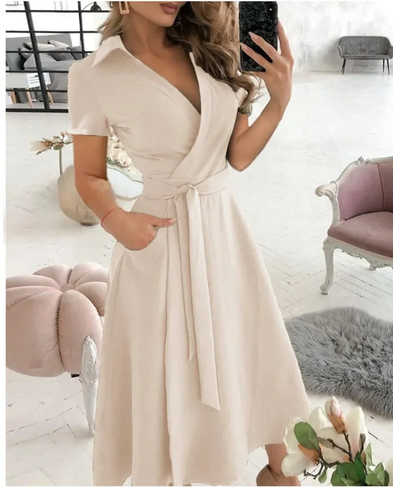 Robe midi trapèze à ceinture à nouer pour femme