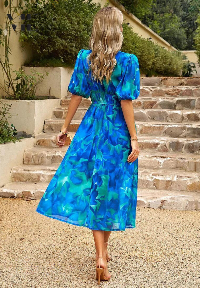 Robe midi trapèze à fleurs à col en V pour femme