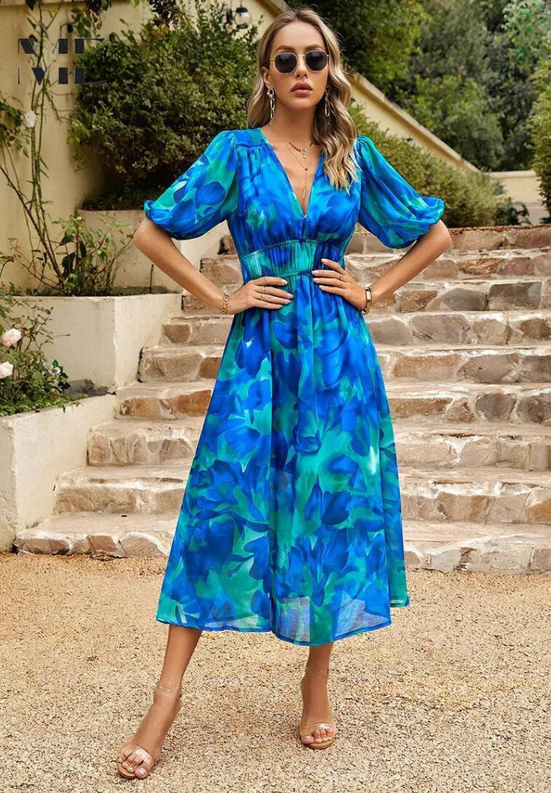 Robe midi trapèze à fleurs à col en V pour femme