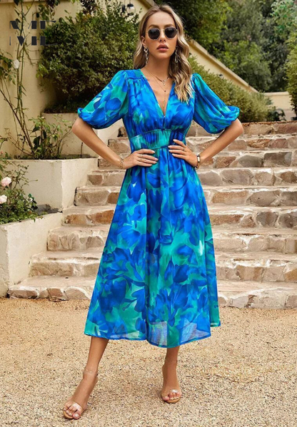 Robe midi trapèze à fleurs à col en V pour femme